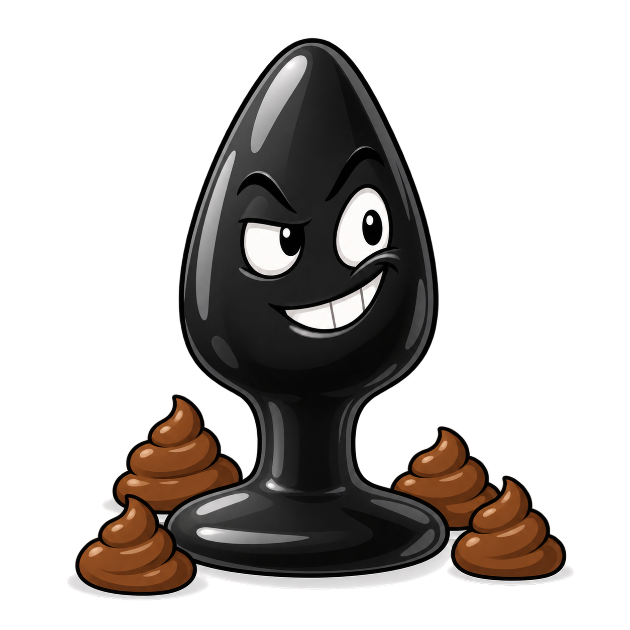 PLUG, a grinning black cartoon butt-plug mascot surrounded by little cartoon poop piles