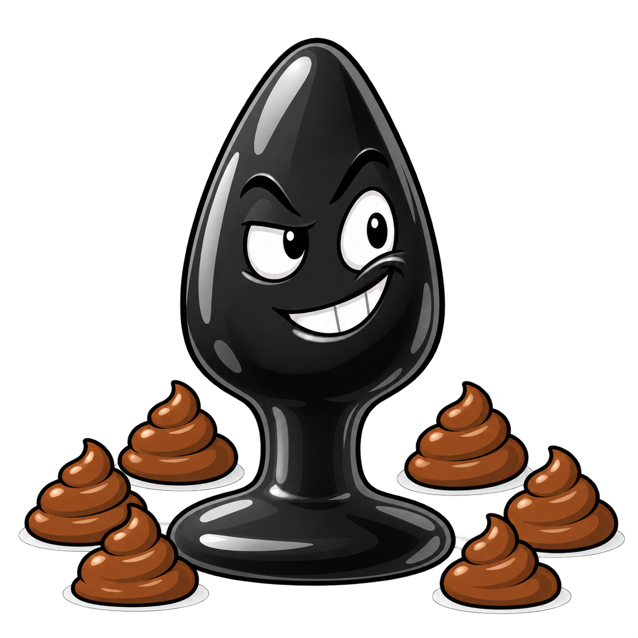 Black PLUG grinning with extra cartoon poop piles all around its base