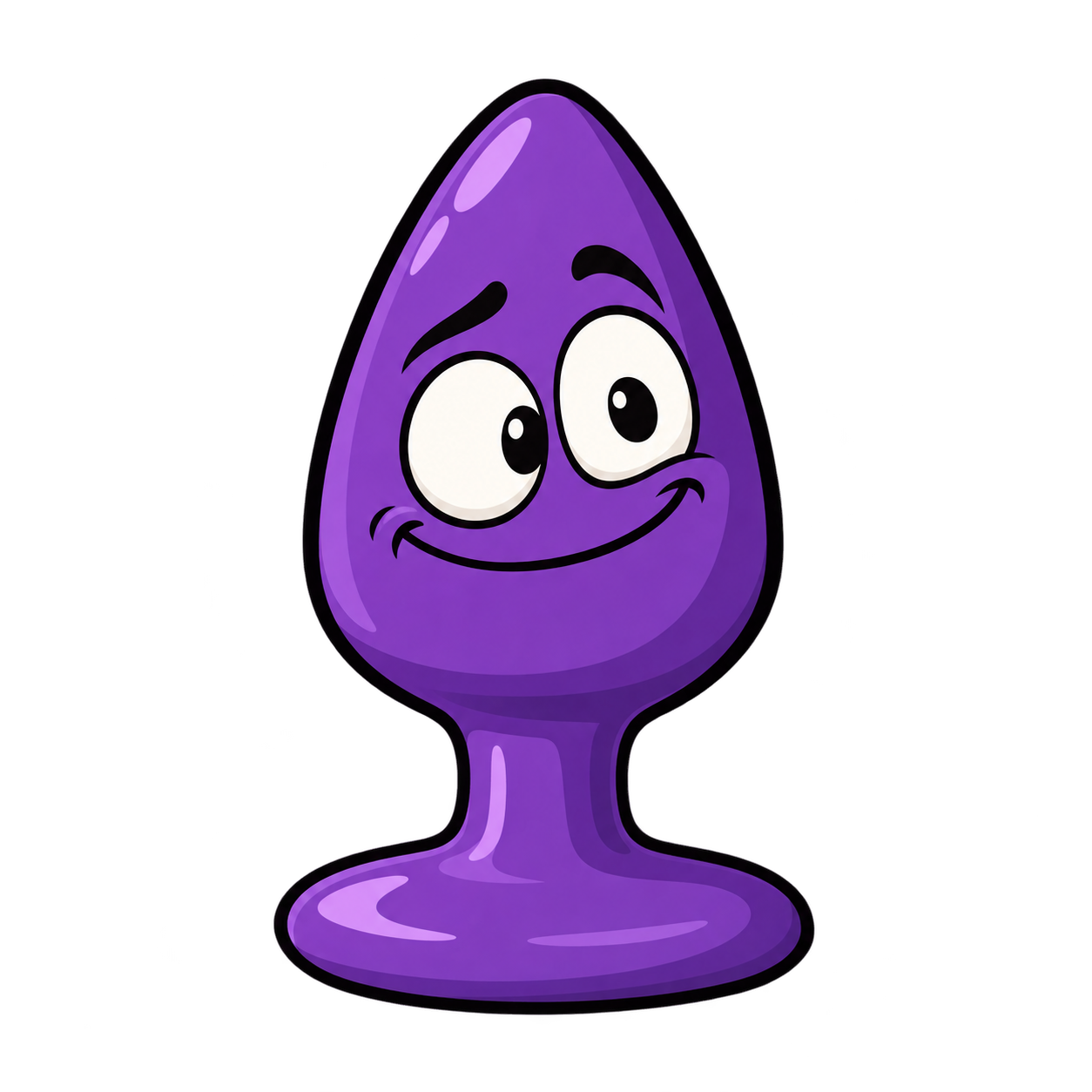 A purple PLUG mascot with wide eyes and a goofy smile